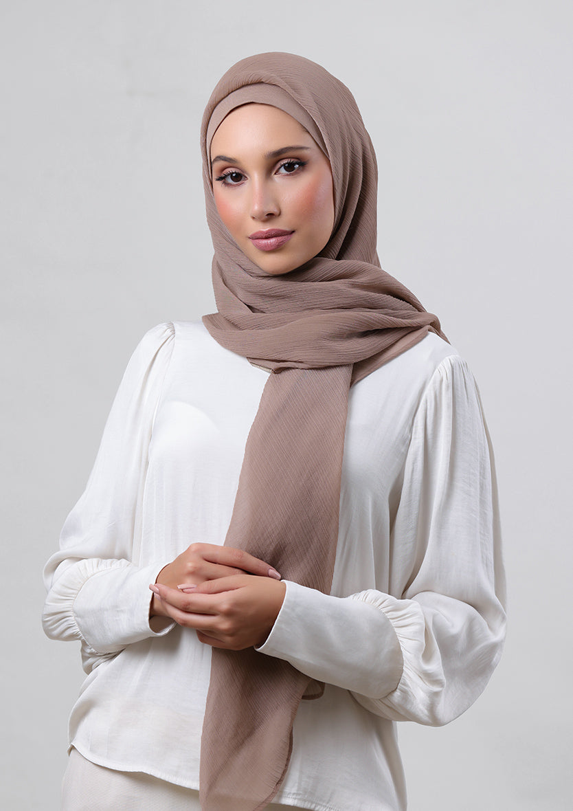 Greige-Plain Crinkled Chiffon